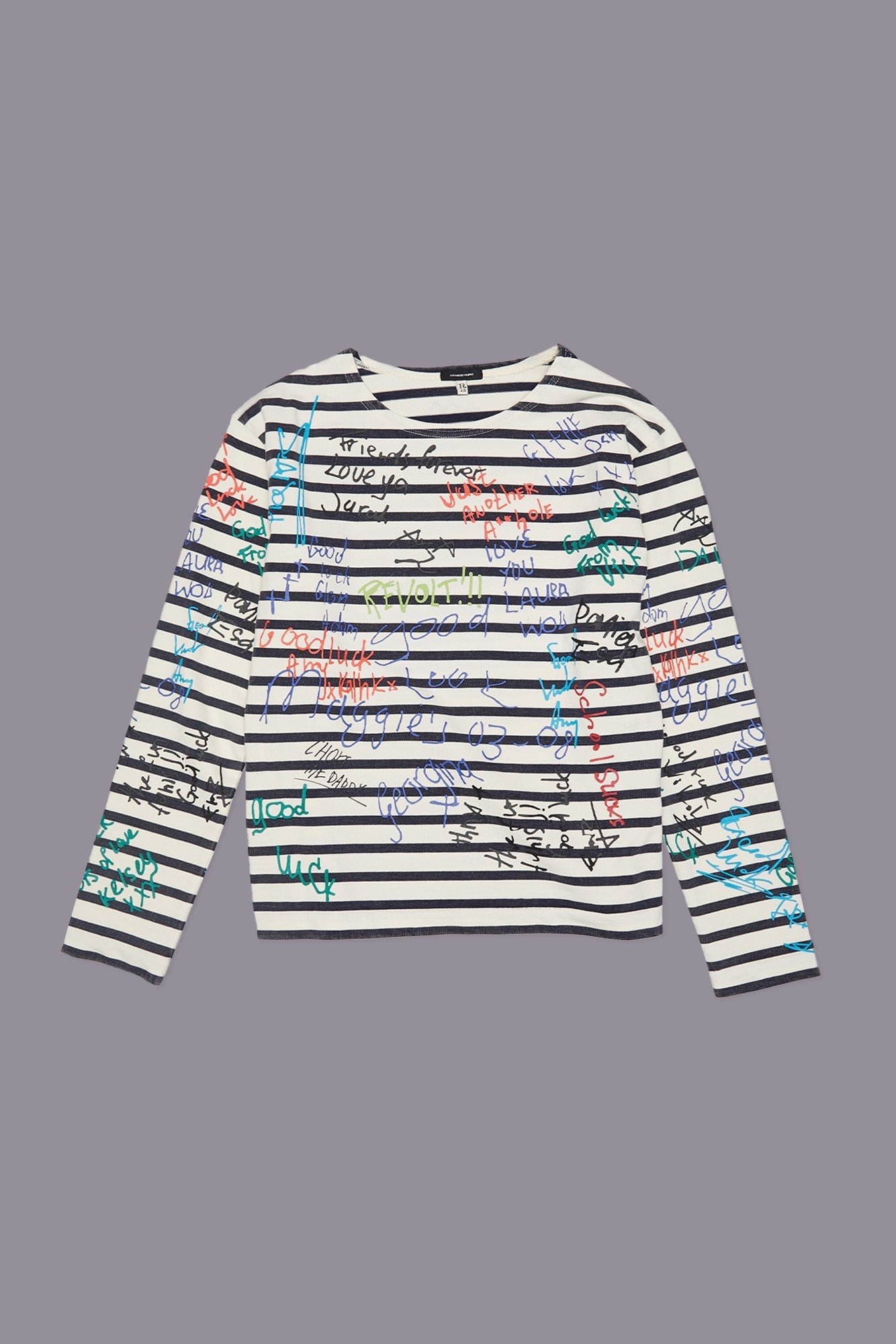 END OF THE YEAR LONG SLEEVE TEE - NAVY/ECRU WIDE STRIPE W/ SCRIBBLES | R13 near me